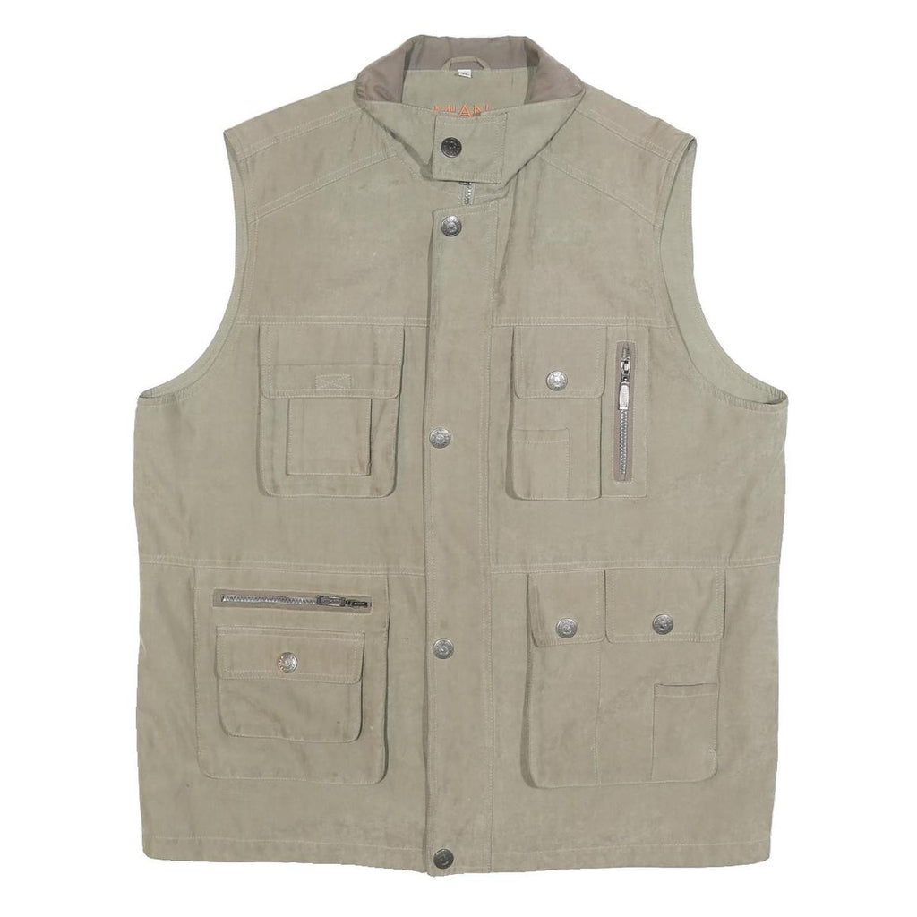 MIAN Mens Beige Utility Jacket XL Polyester Blend Zip Pockets Outdoor Vest