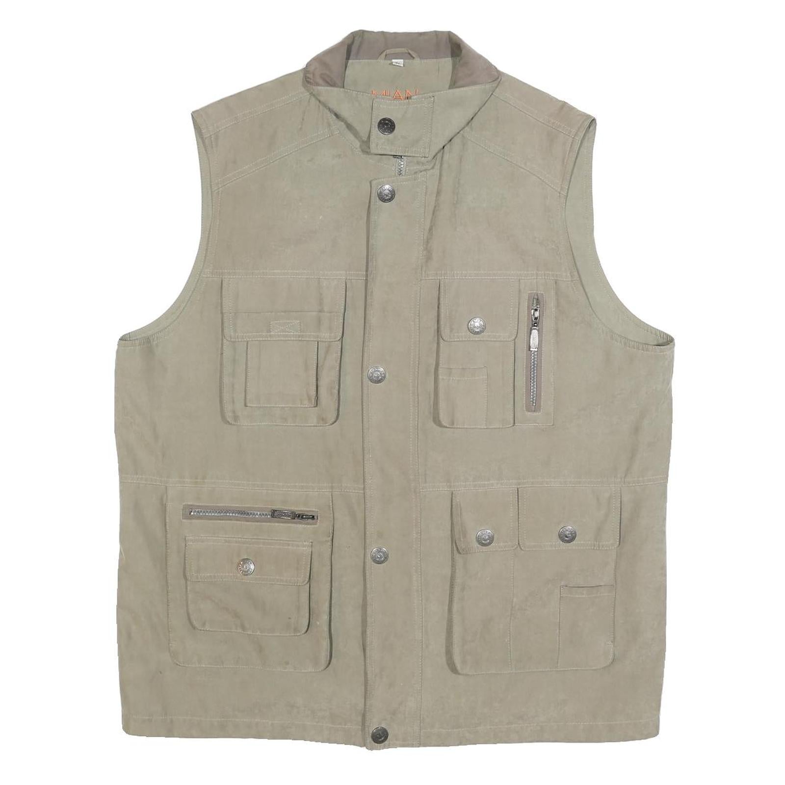 MIAN Mens Beige Utility Jacket XL Polyester Blend Zip Pockets Outdoor Vest