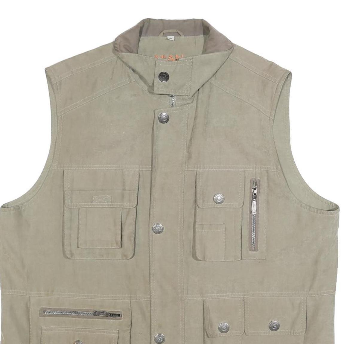 MIAN Mens Beige Utility Jacket XL Polyester Blend Zip Pockets Outdoor Vest
