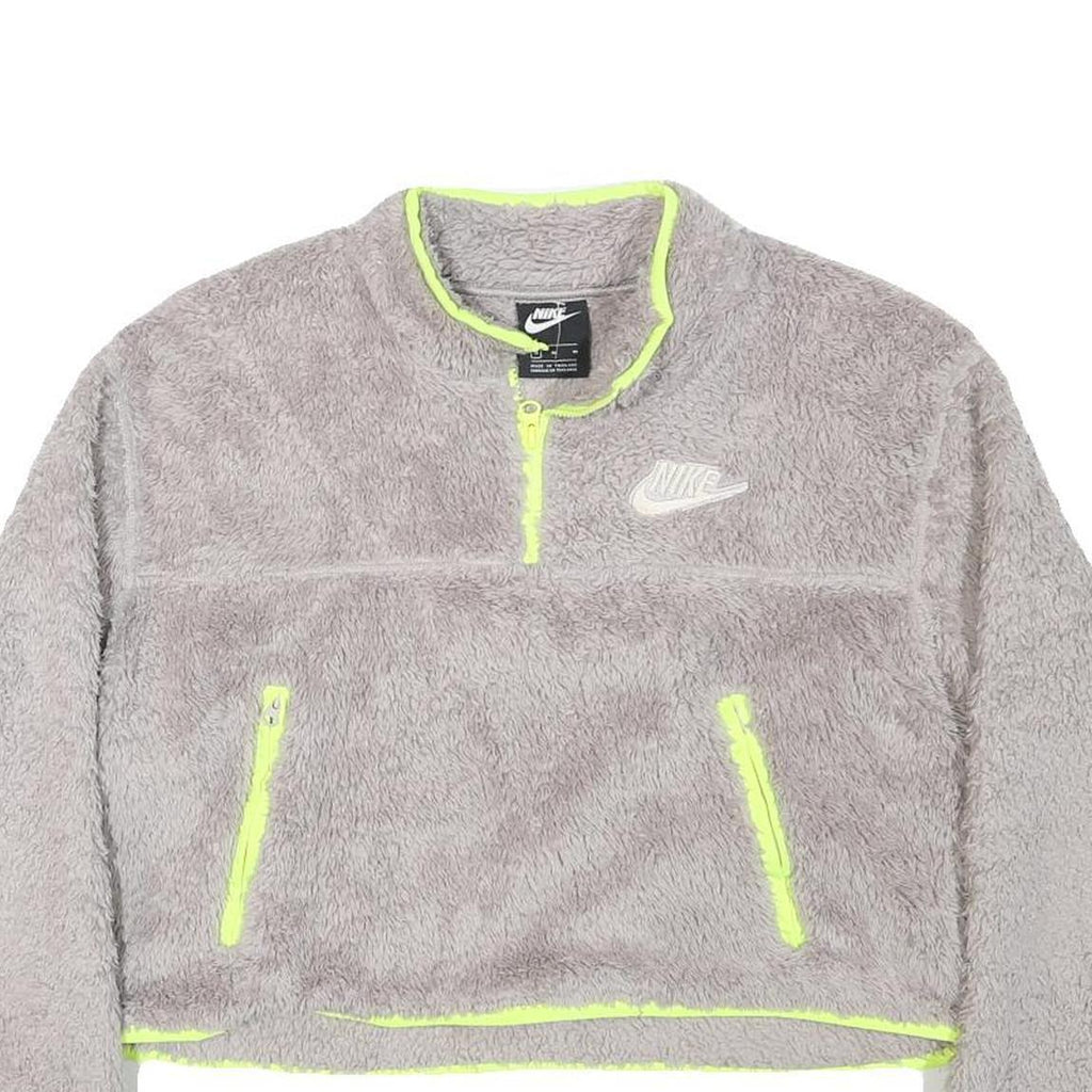 NIKE Womens Grey & Neon Yellow Fleece Zip Jacket M Polyester Blend Cropped