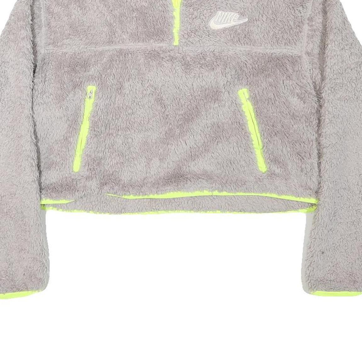 NIKE Womens Grey & Neon Yellow Fleece Zip Jacket M Polyester Blend Cropped