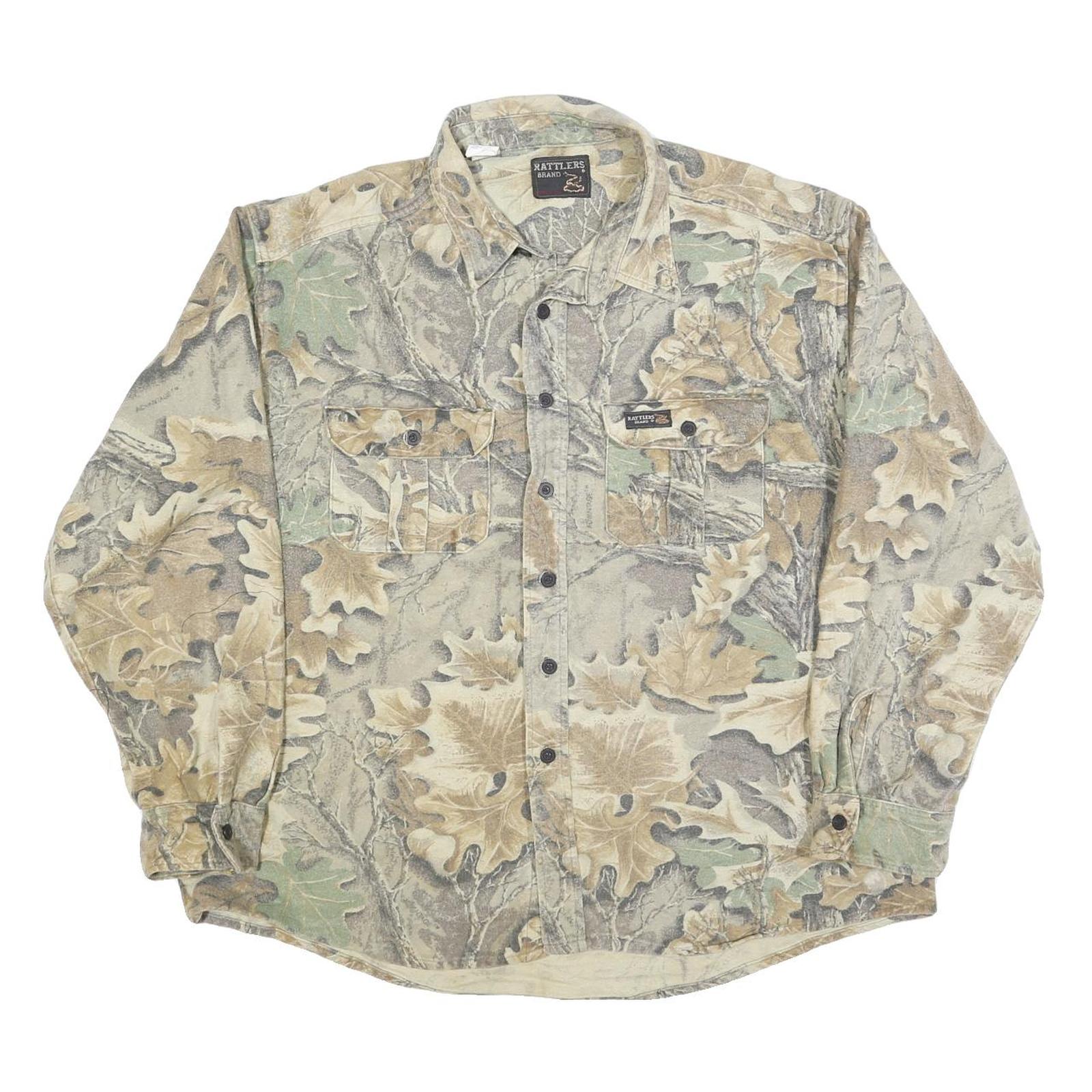 RATTLERS Mens Beige & Green Leaf Pattern Cotton Blend Shirt XL Casual Outdoor