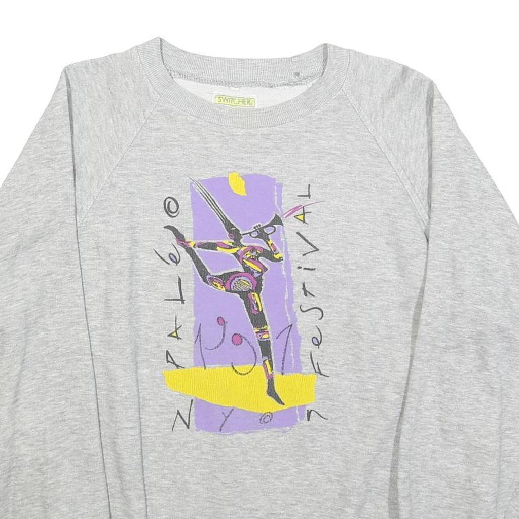 SWITCHER Womens Grey Cotton Blend Festival Graphic Crew Neck L Sweatshirt