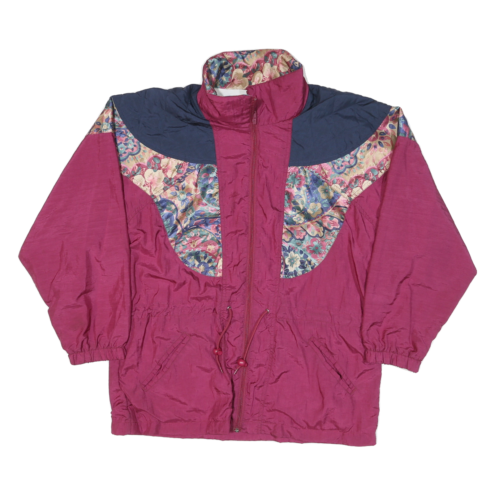EASYWEAR Womens Maroon & Blue Floral Print Nylon Zip Jacket M Retro Casual