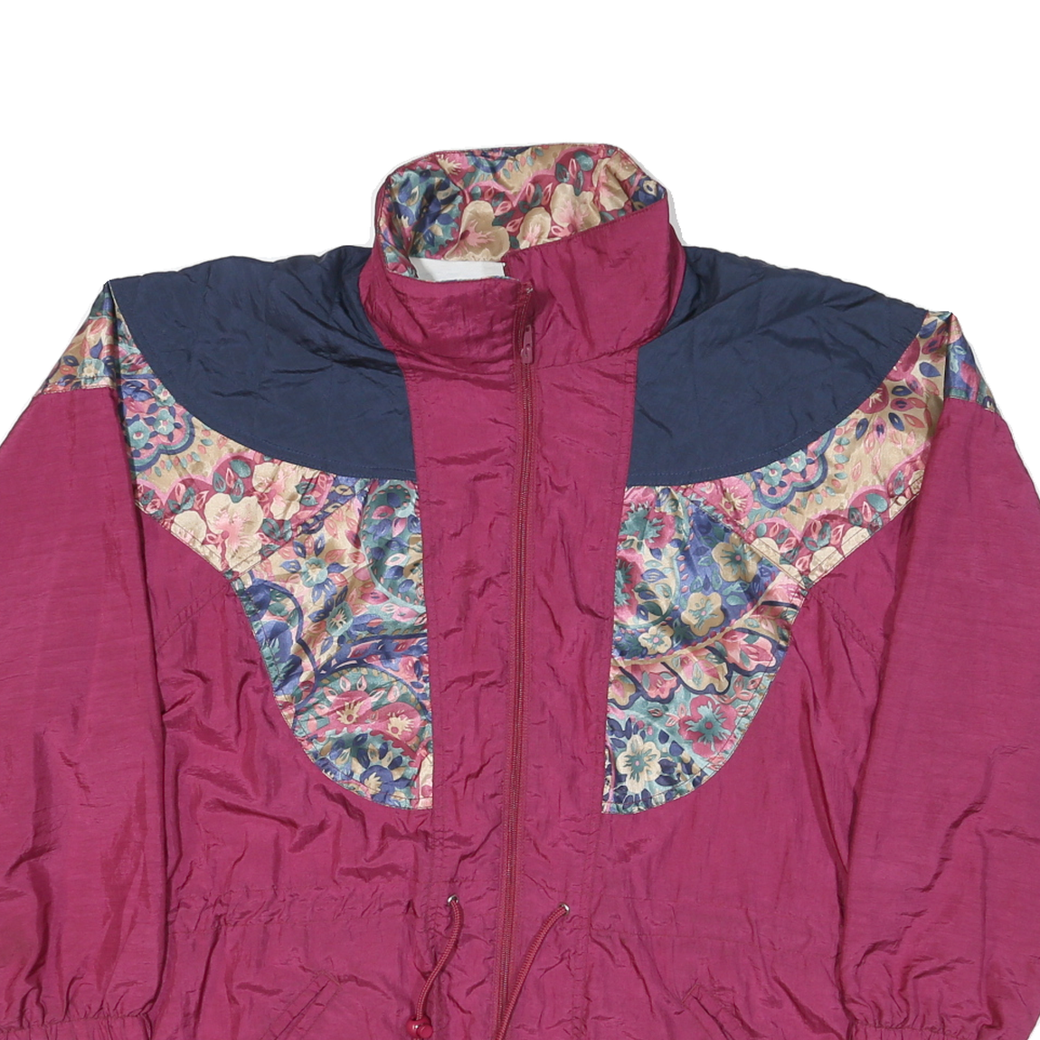 EASYWEAR Womens Maroon & Blue Floral Print Nylon Zip Jacket M Retro Casual