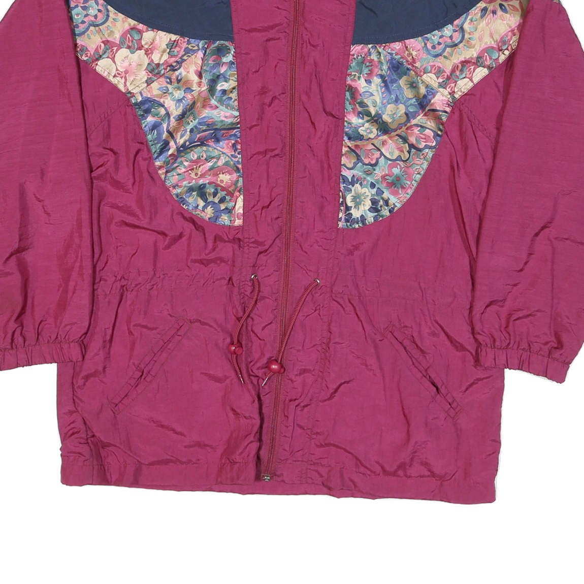 EASYWEAR Womens Maroon & Blue Floral Print Nylon Zip Jacket M Retro Casual