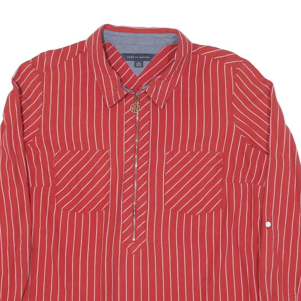 TOMMY HILFIGER Womens Red White Striped Shirt Long Sleeve Collared XL Zip Front