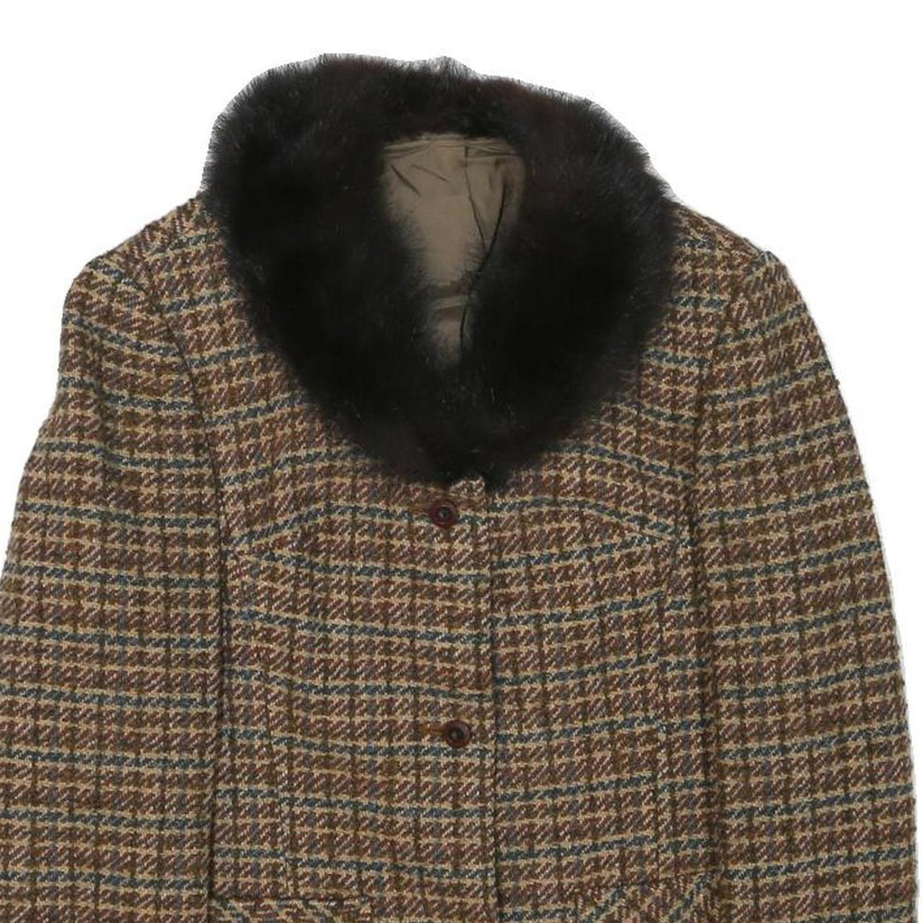 Womens Brown Wool Blend Button Jacket XS Check Tweed Faux Fur Collar Vintage