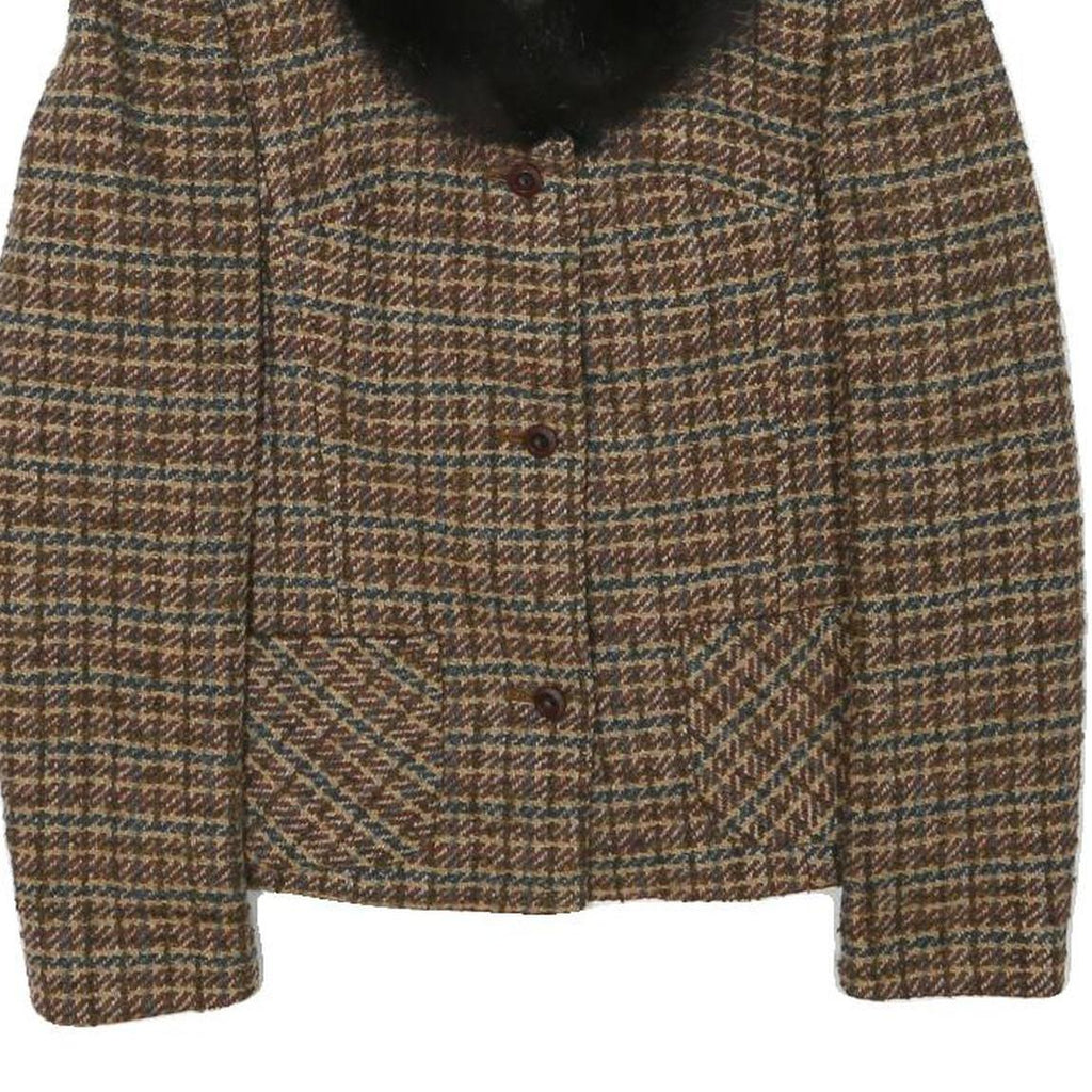 Womens Brown Wool Blend Button Jacket XS Check Tweed Faux Fur Collar Vintage