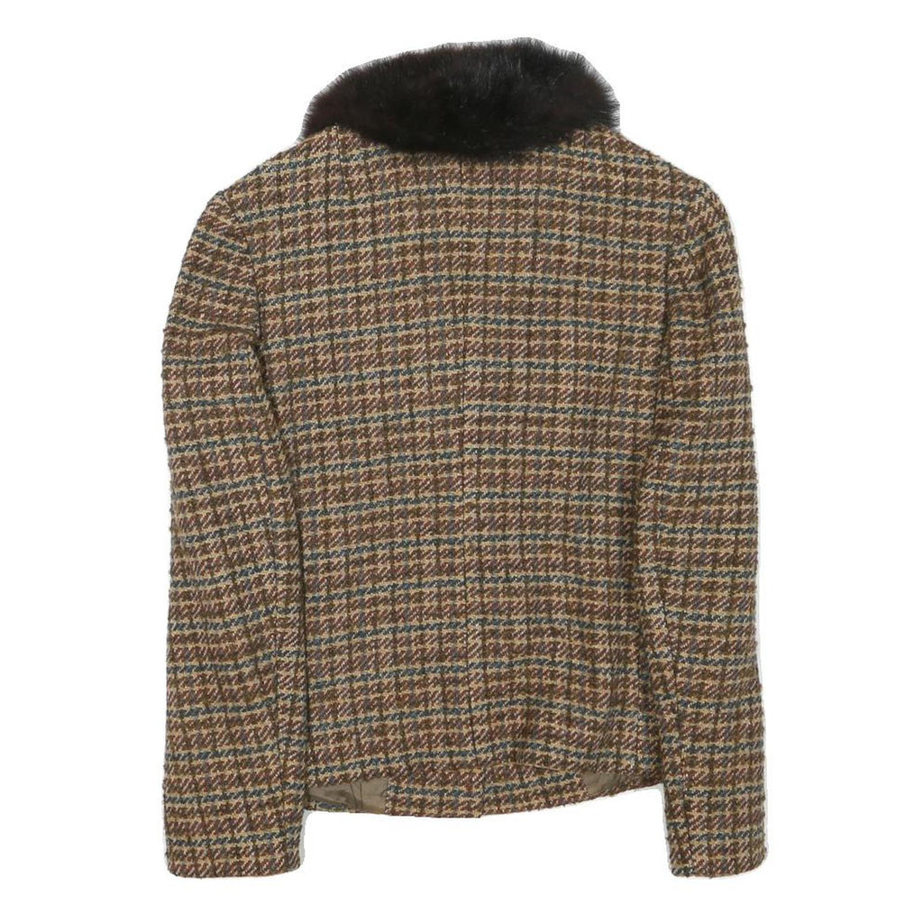 Womens Brown Wool Blend Button Jacket XS Check Tweed Faux Fur Collar Vintage