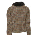 Womens Brown Wool Blend Button Jacket XS Check Tweed Faux Fur Collar Vintage