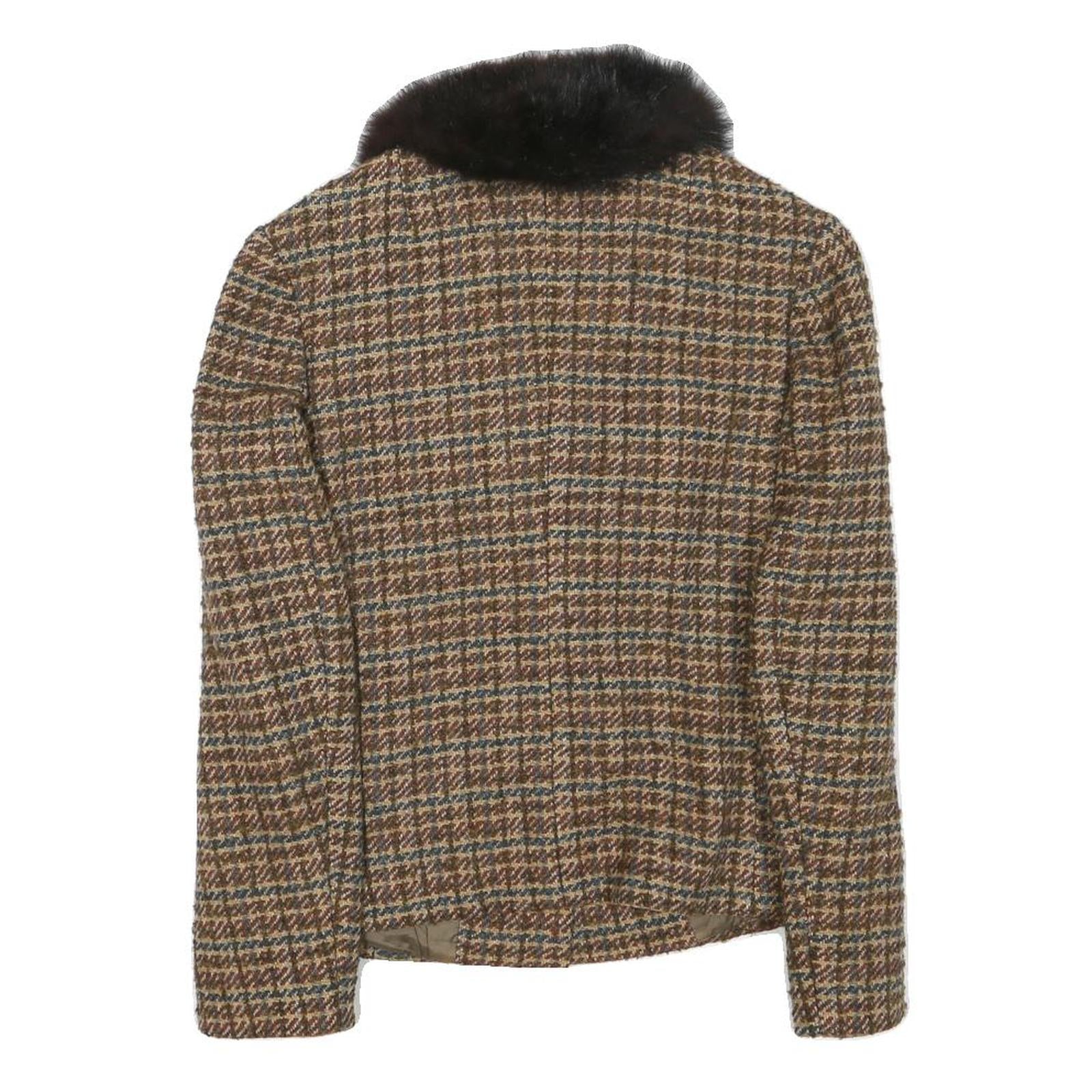 Womens Brown Wool Blend Button Jacket XS Check Tweed Faux Fur Collar Vintage