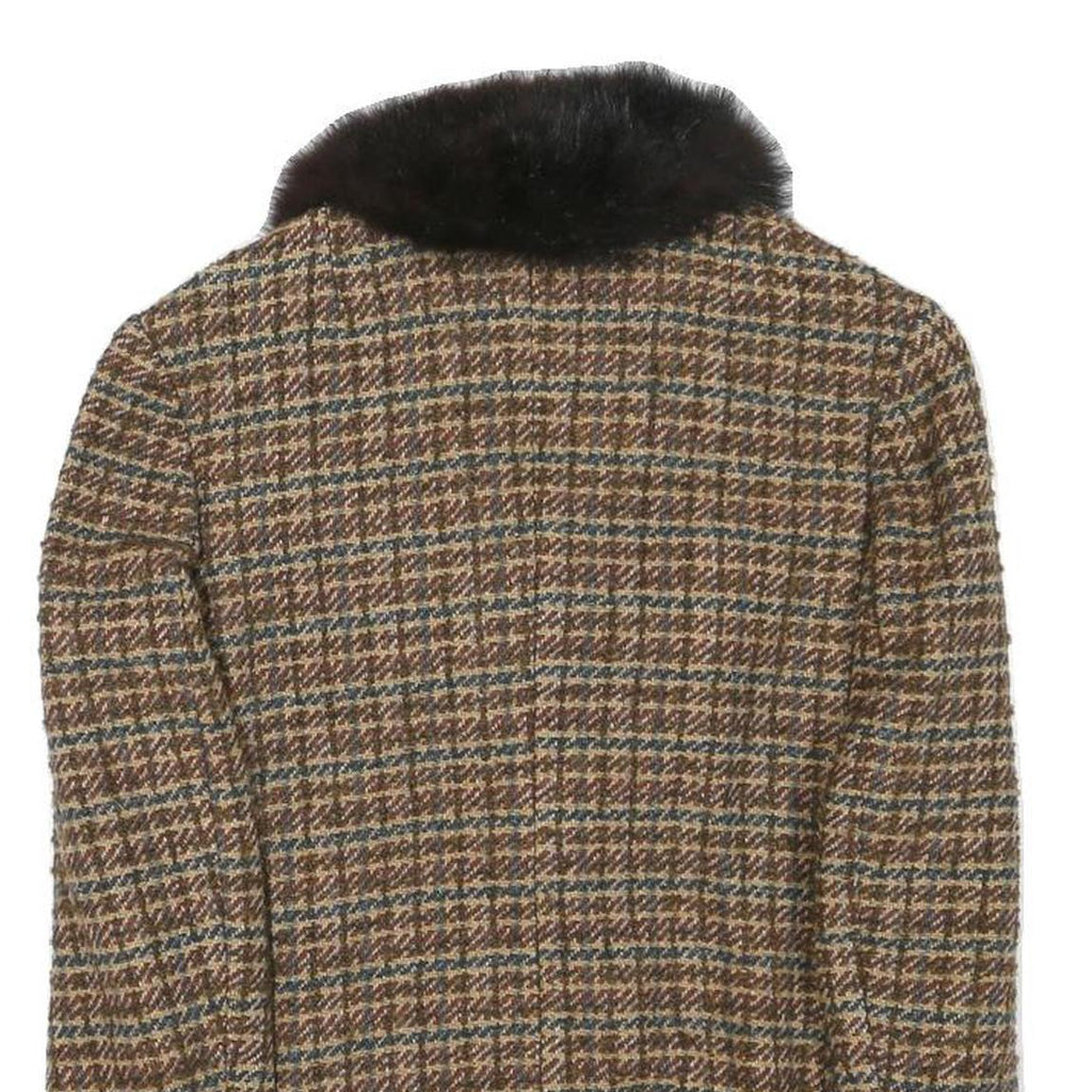 Womens Brown Wool Blend Button Jacket XS Check Tweed Faux Fur Collar Vintage