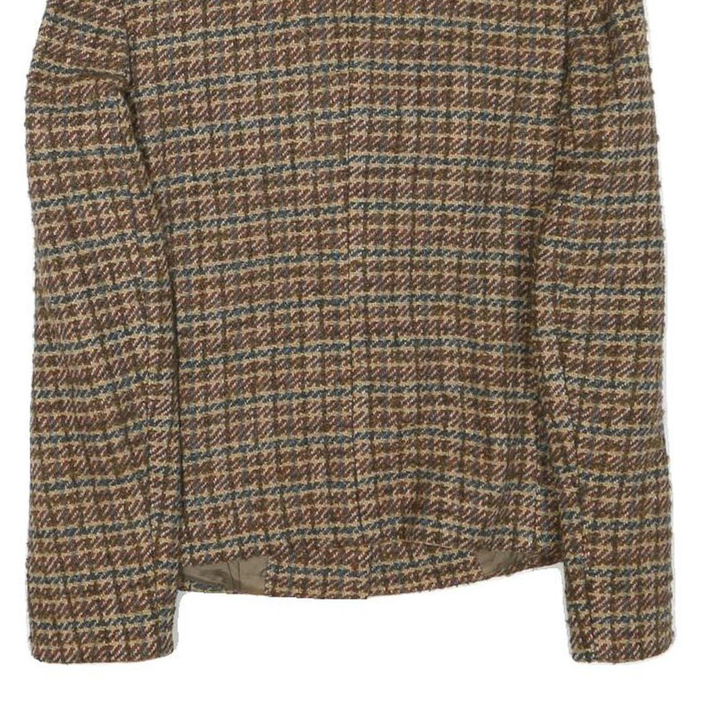 Womens Brown Wool Blend Button Jacket XS Check Tweed Faux Fur Collar Vintage