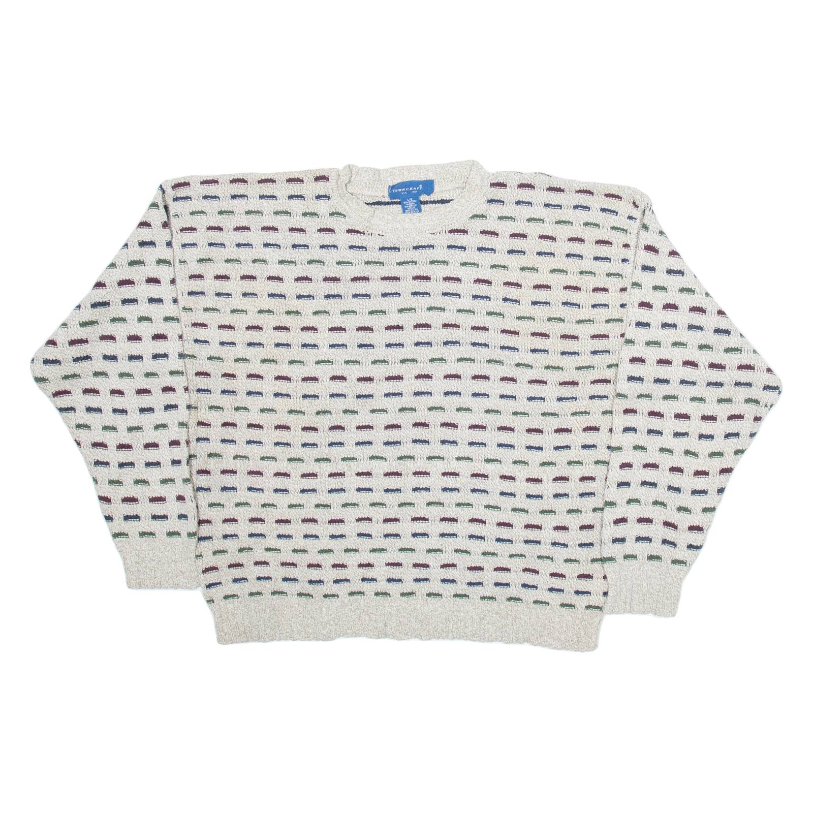 TOWNCRAFT Mens Patterned Jumper Beige Geometric Tight Knit L