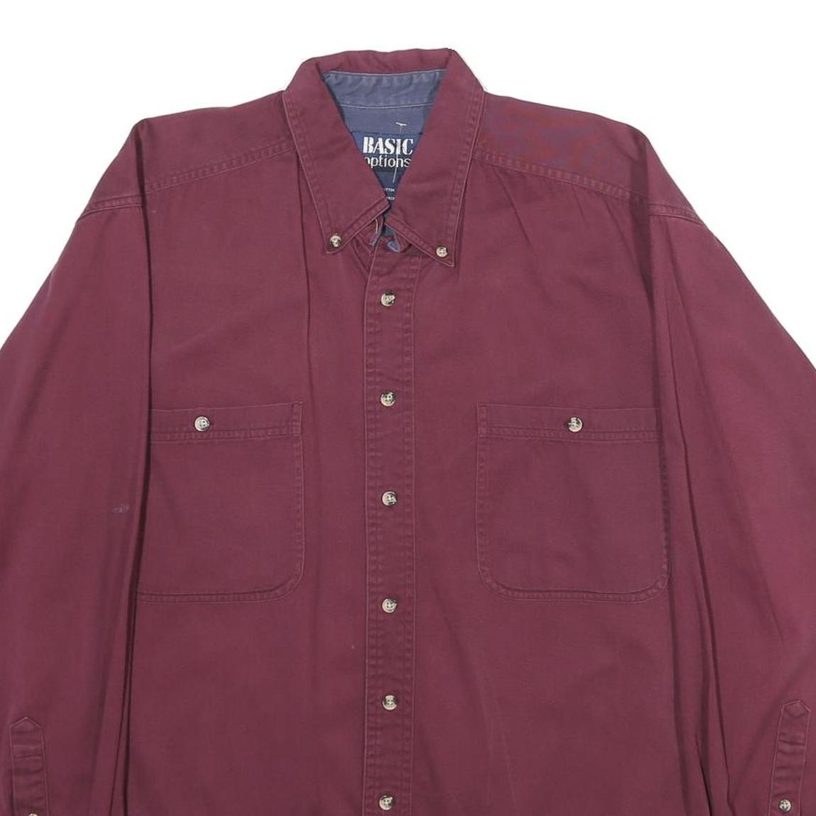 BASIC OPTIONS Mens Maroon Cotton Shirt L Classic Button-Down Long Sleeve Casual