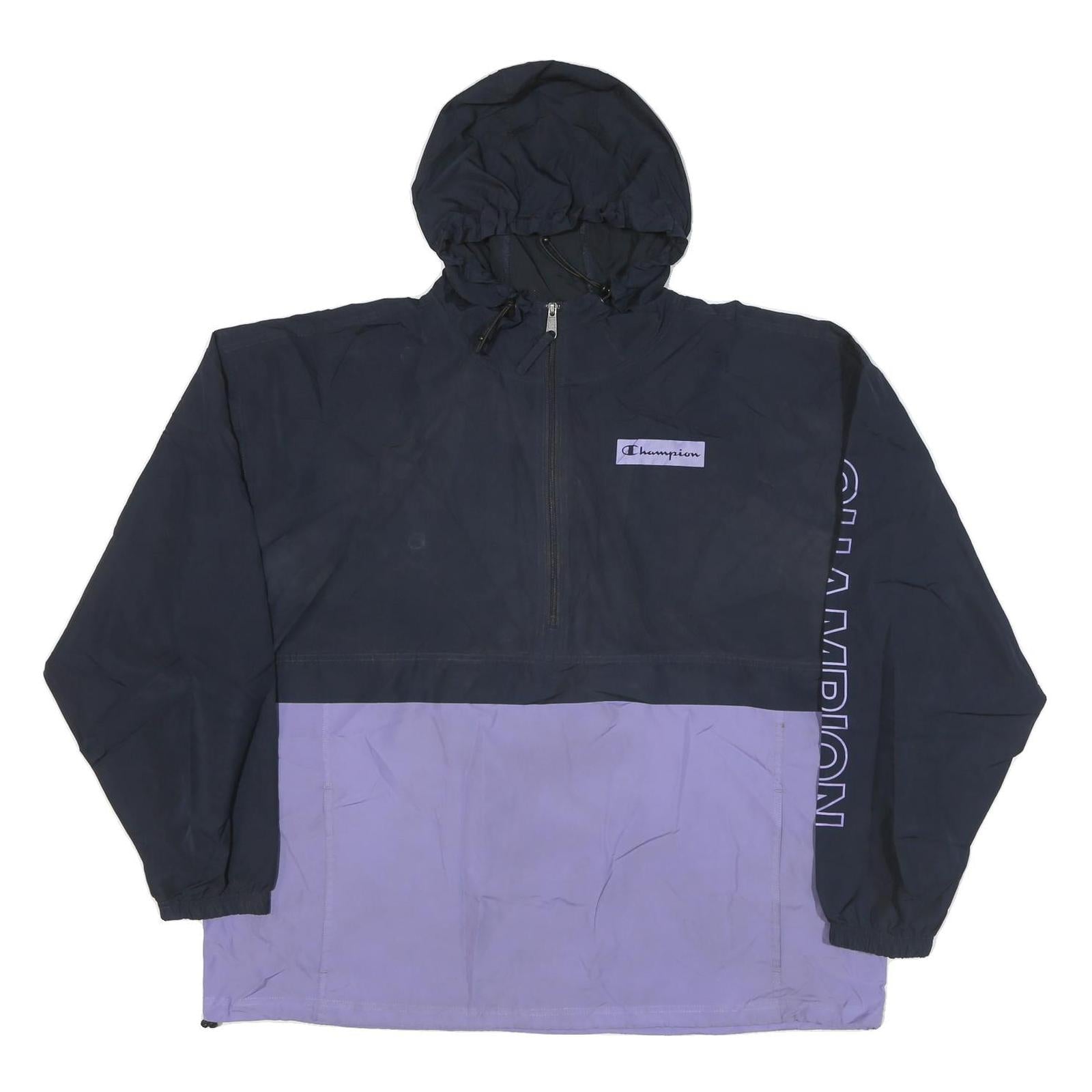 CHAMPION Mens Navy & Purple Half Zip Nylon Jacket 2XL Hooded Sportswear Casual