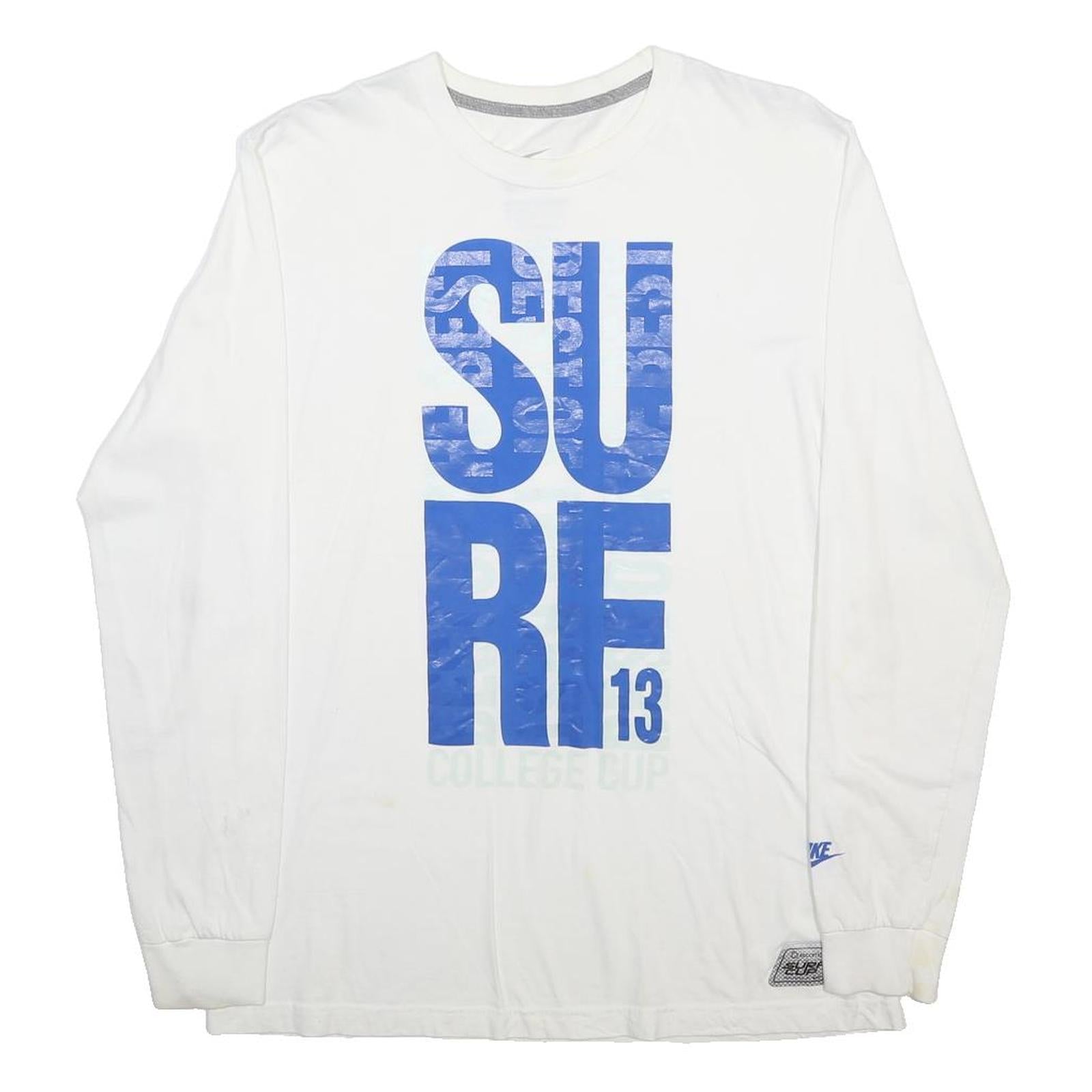 NIKE Mens White Blue Graphic T-Shirt L Long Sleeve Crew Neck Supreme 13 College