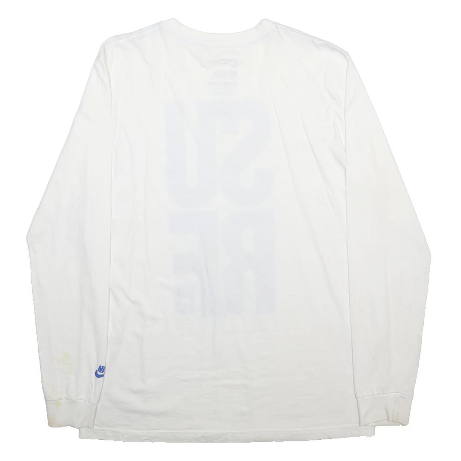 NIKE Mens White Blue Graphic T-Shirt L Long Sleeve Crew Neck Supreme 13 College