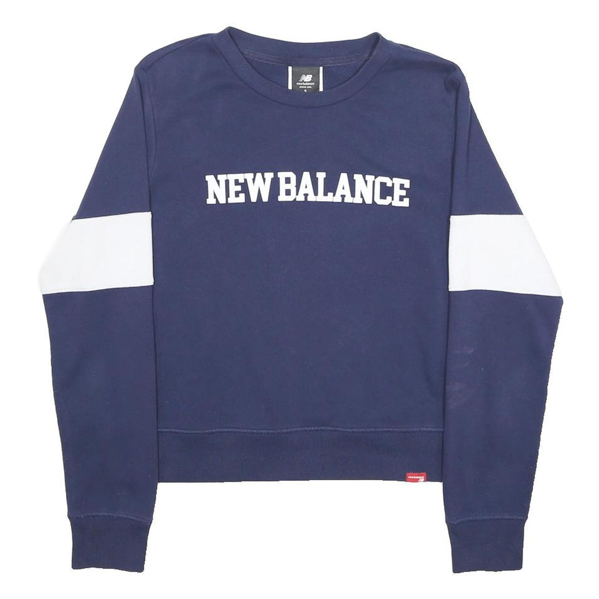 NEW BALANCE Womens Navy & White Sweatshirt S Crew Neck Cotton Blend Casual