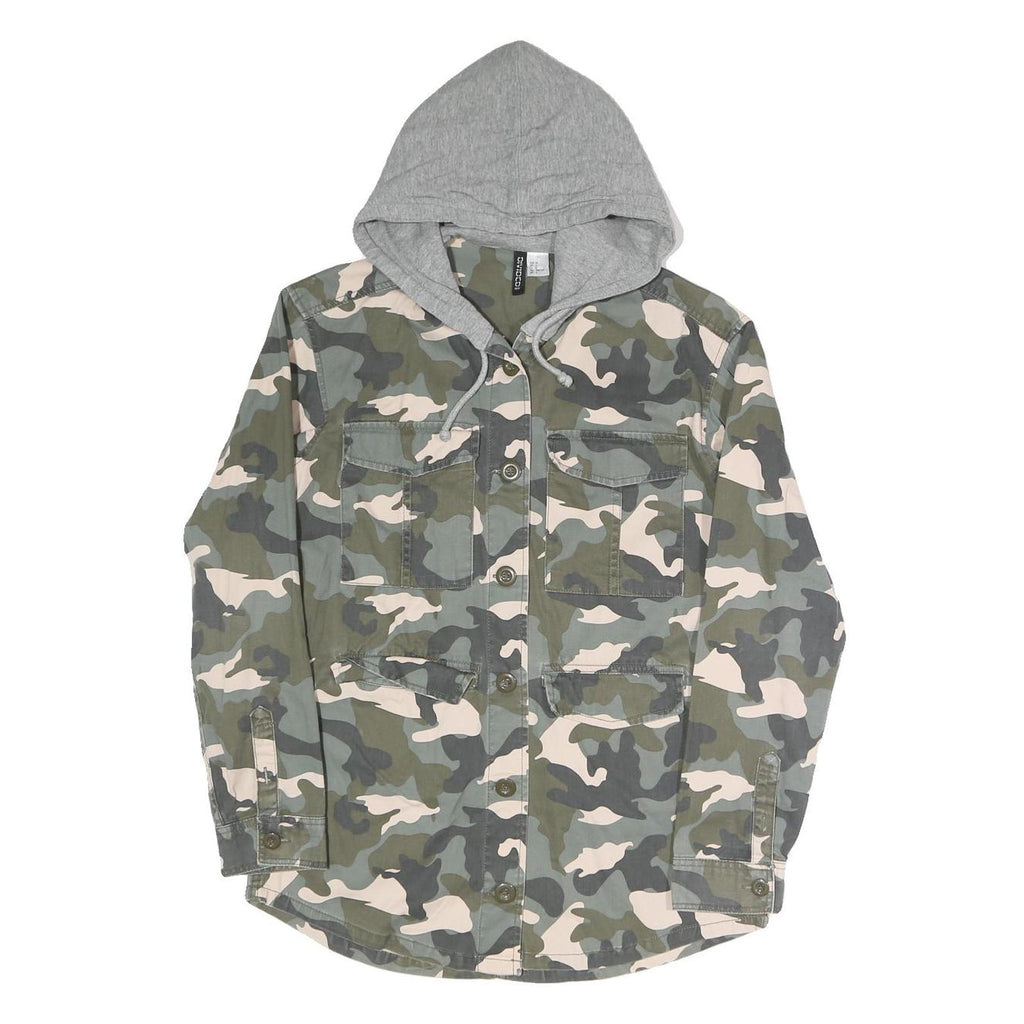 DIVIDED Womens Green & Grey Camouflage Hooded Button Cotton Blend Jacket M