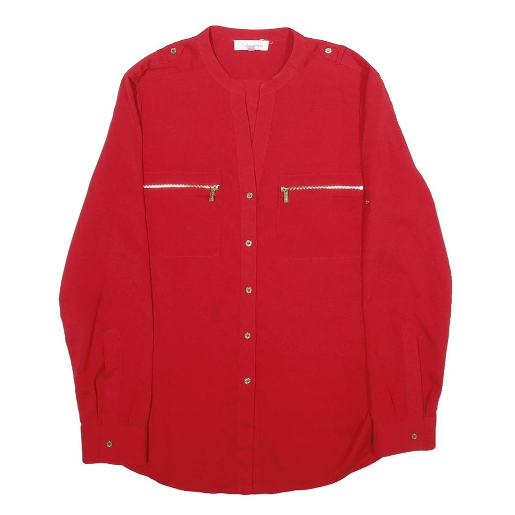 CALVIN KLEIN Womens Red Basic Long Sleeve Button Neck Top S Zipper Pockets