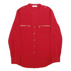CALVIN KLEIN Womens Red Basic Long Sleeve Button Neck Top S Zipper Pockets