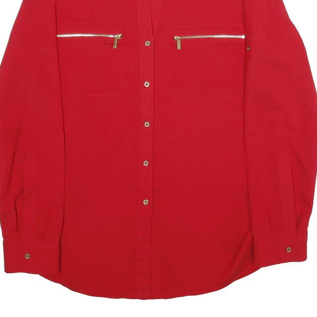 CALVIN KLEIN Womens Red Basic Long Sleeve Button Neck Top S Zipper Pockets