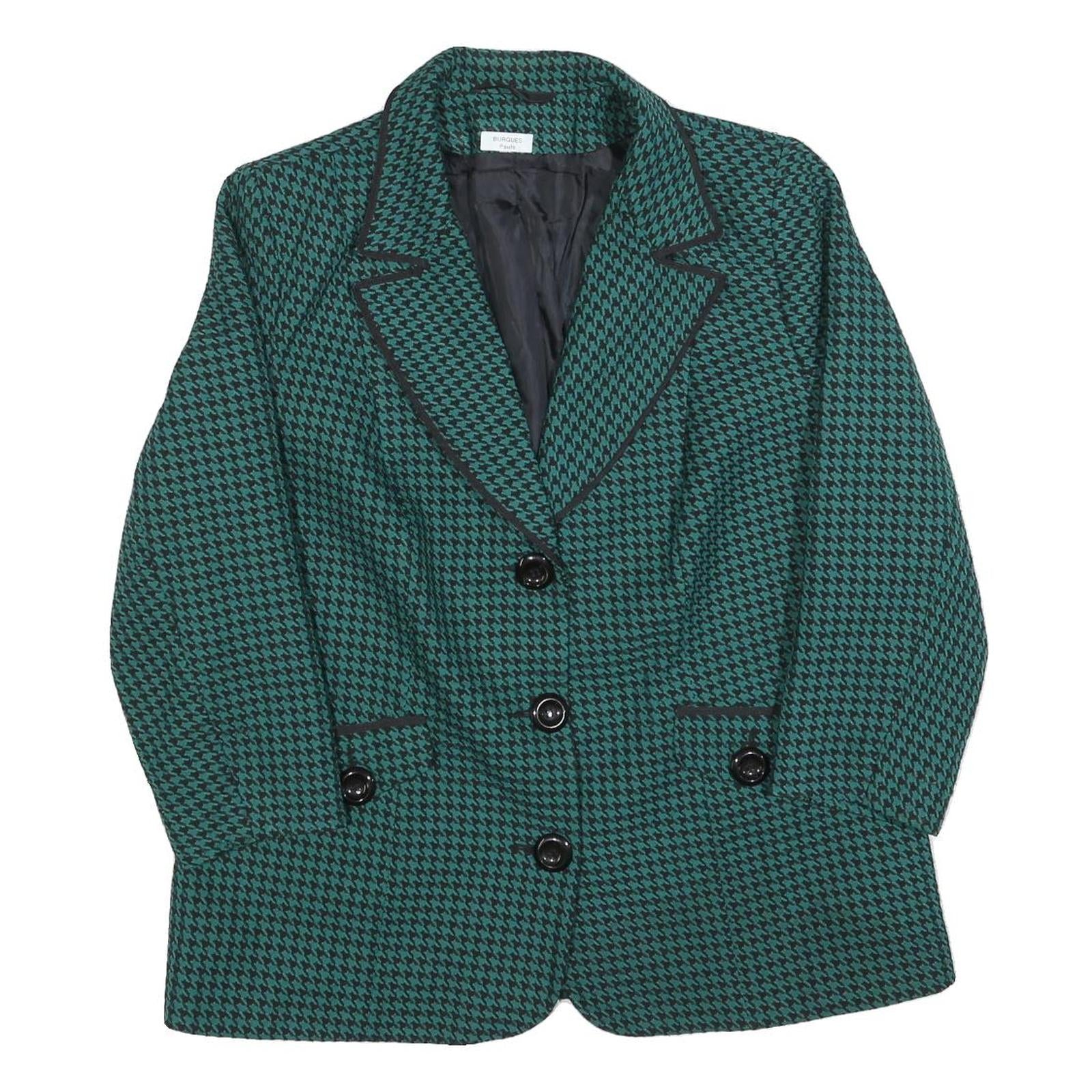 Womens Blue & Black Houndstooth Button Jacket L Polyester Blazer Tailored
