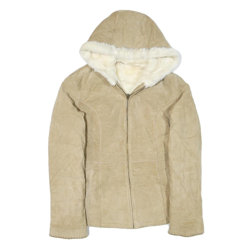 Womens Beige Suede Hooded Zip Jacket XS Soft Shearling Lined Casual Outerwear