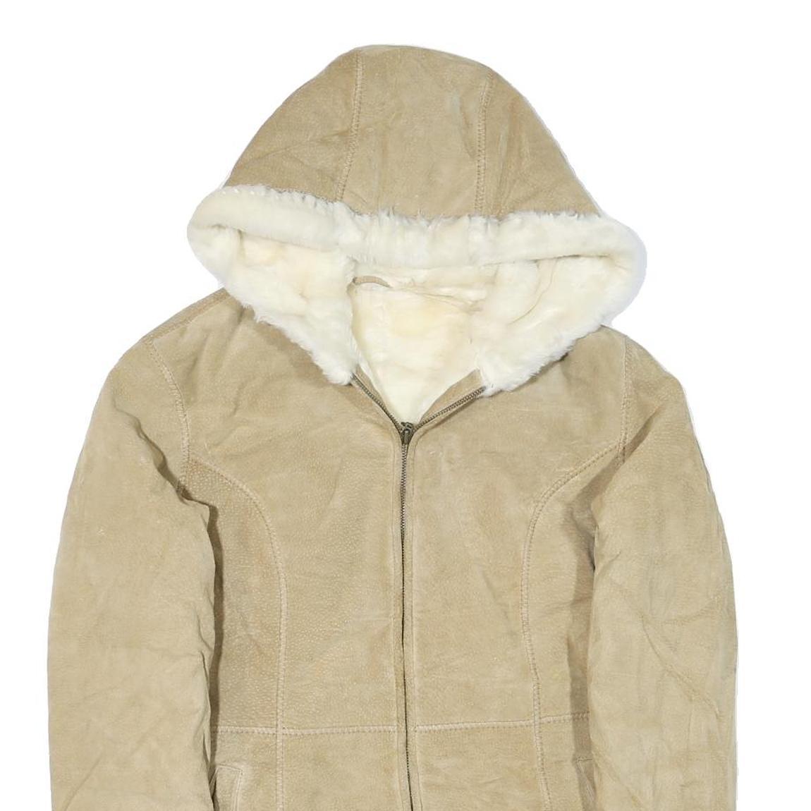 Womens Beige Suede Hooded Zip Jacket XS Soft Shearling Lined Casual Outerwear