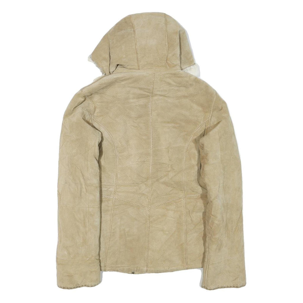 Womens Beige Suede Hooded Zip Jacket XS Soft Shearling Lined Casual Outerwear