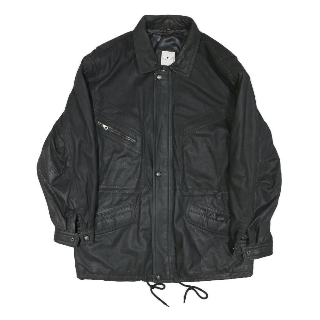QUDRO Mens Black Leather Zip Jacket L Classic Casual Outerwear