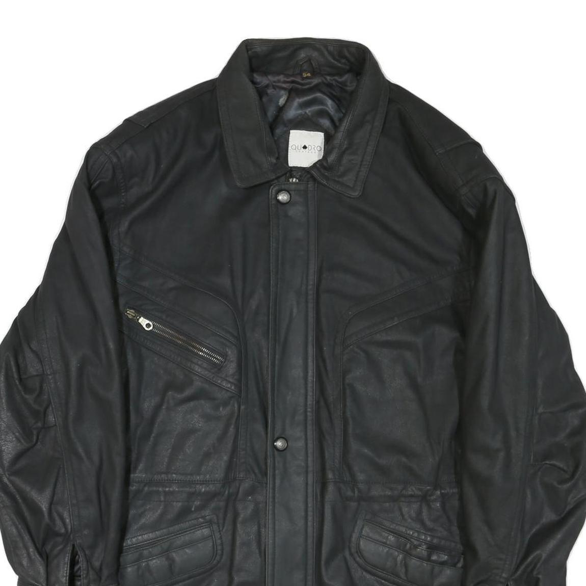 QUDRO Mens Black Leather Zip Jacket L Classic Casual Outerwear