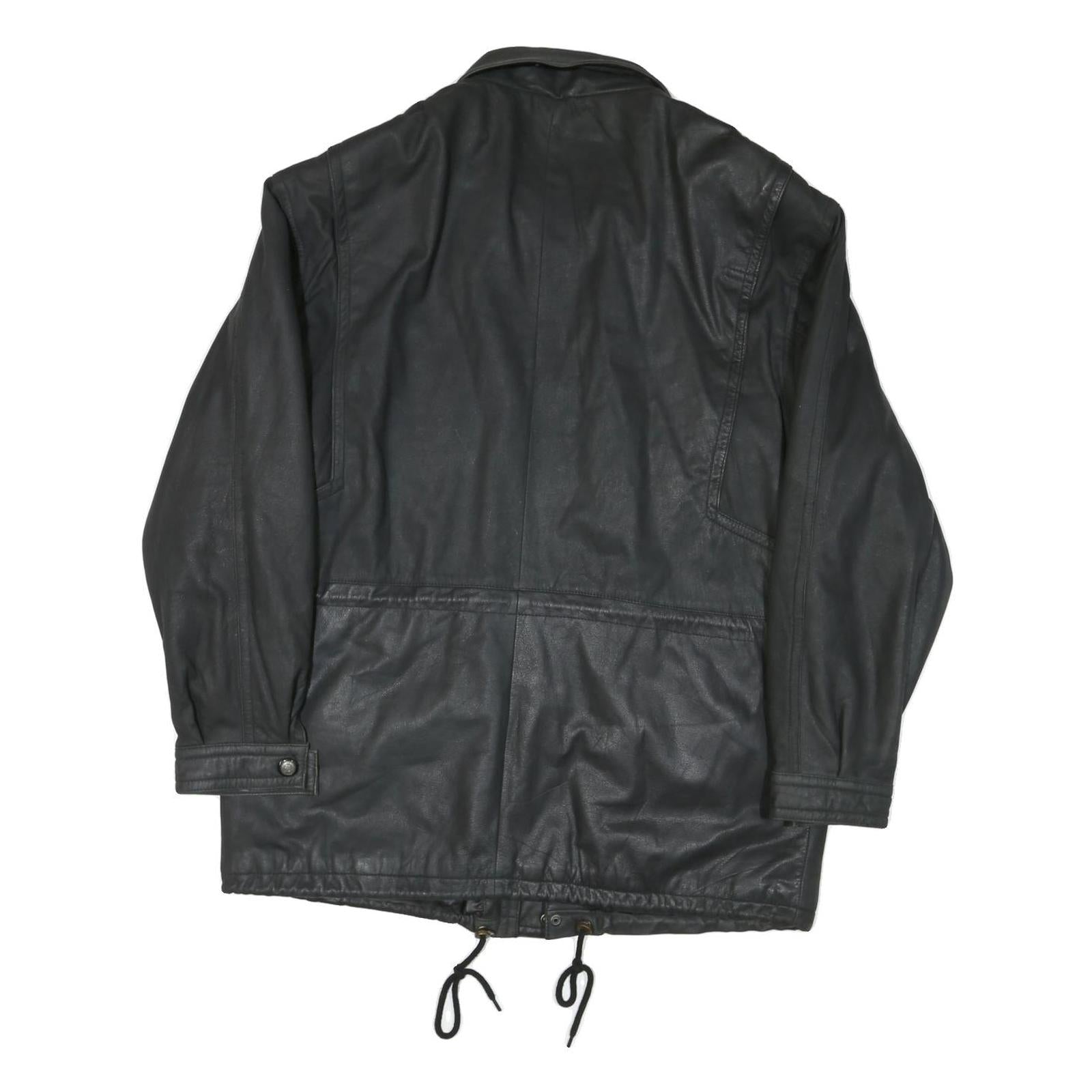 QUDRO Mens Black Leather Zip Jacket L Classic Casual Outerwear