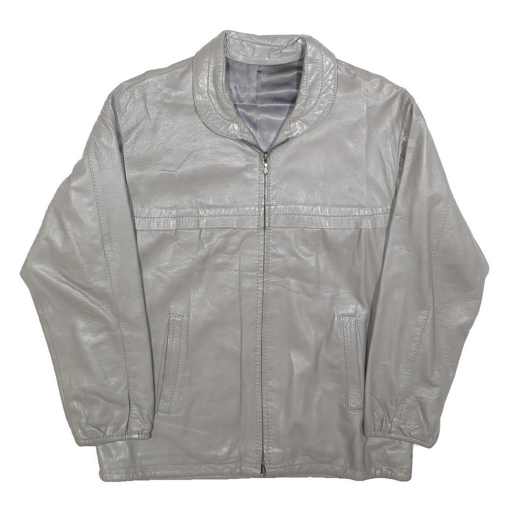 Womens Grey Leather Zip Jacket M Woven Plain Casual Outerwear