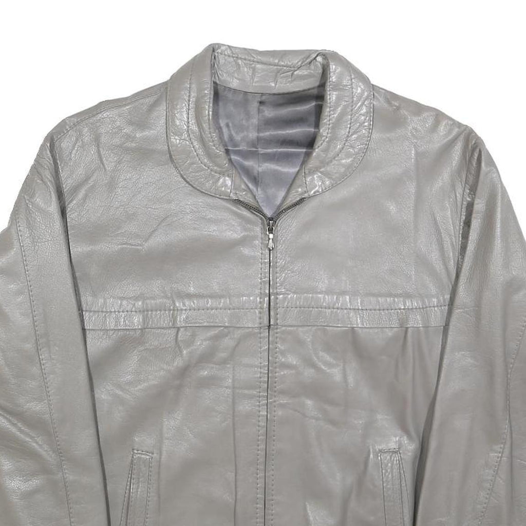 Womens Grey Leather Zip Jacket M Woven Plain Casual Outerwear