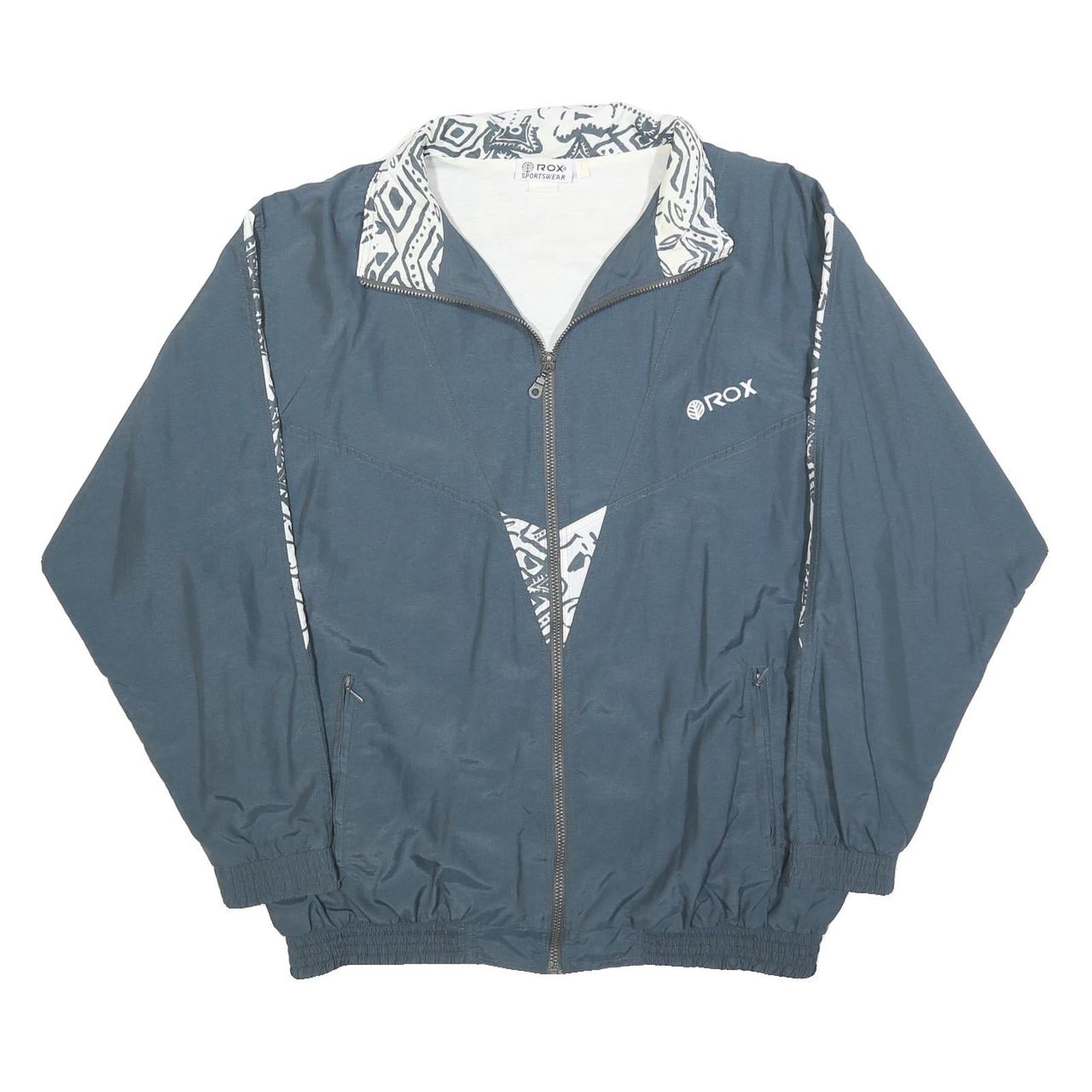 ROX SPORTSWEAR Mens Blue & White Zip Jacket L Nylon Patterned Sports Casual