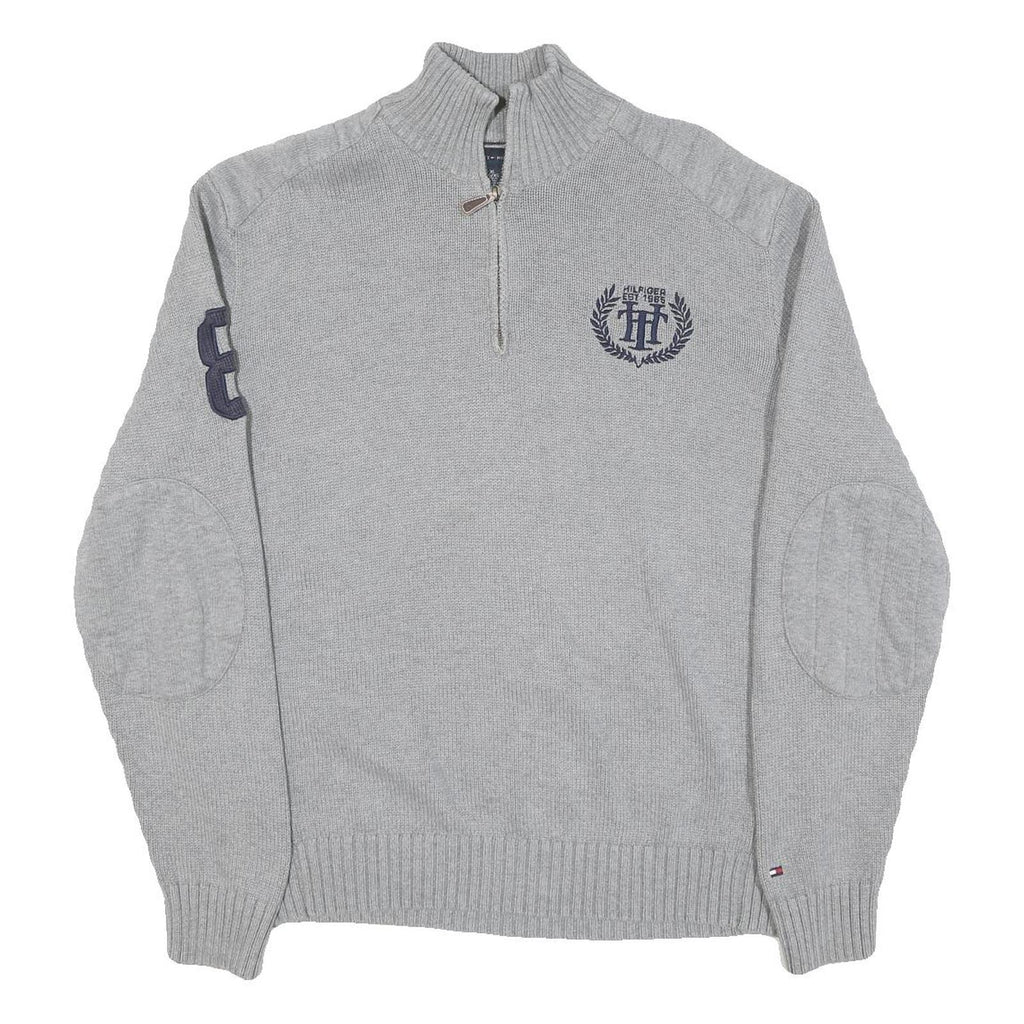 TOMMY HILFIGER Mens Grey Cotton Blend Patterned Half Zip Crew Neck Chunky Knit