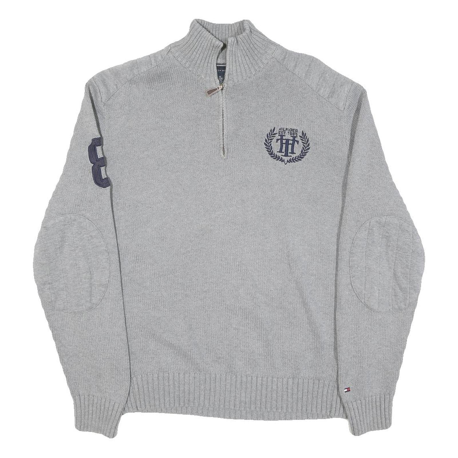 TOMMY HILFIGER Mens Grey Cotton Blend Patterned Half Zip Crew Neck Chunky Knit