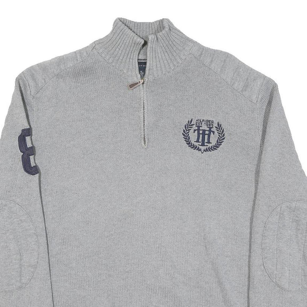 TOMMY HILFIGER Mens Grey Cotton Blend Patterned Half Zip Crew Neck Chunky Knit