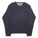 TOMMY HILFIGER Mens Blue Plain Jumper Crew Neck Basic Knit L Cotton Casual