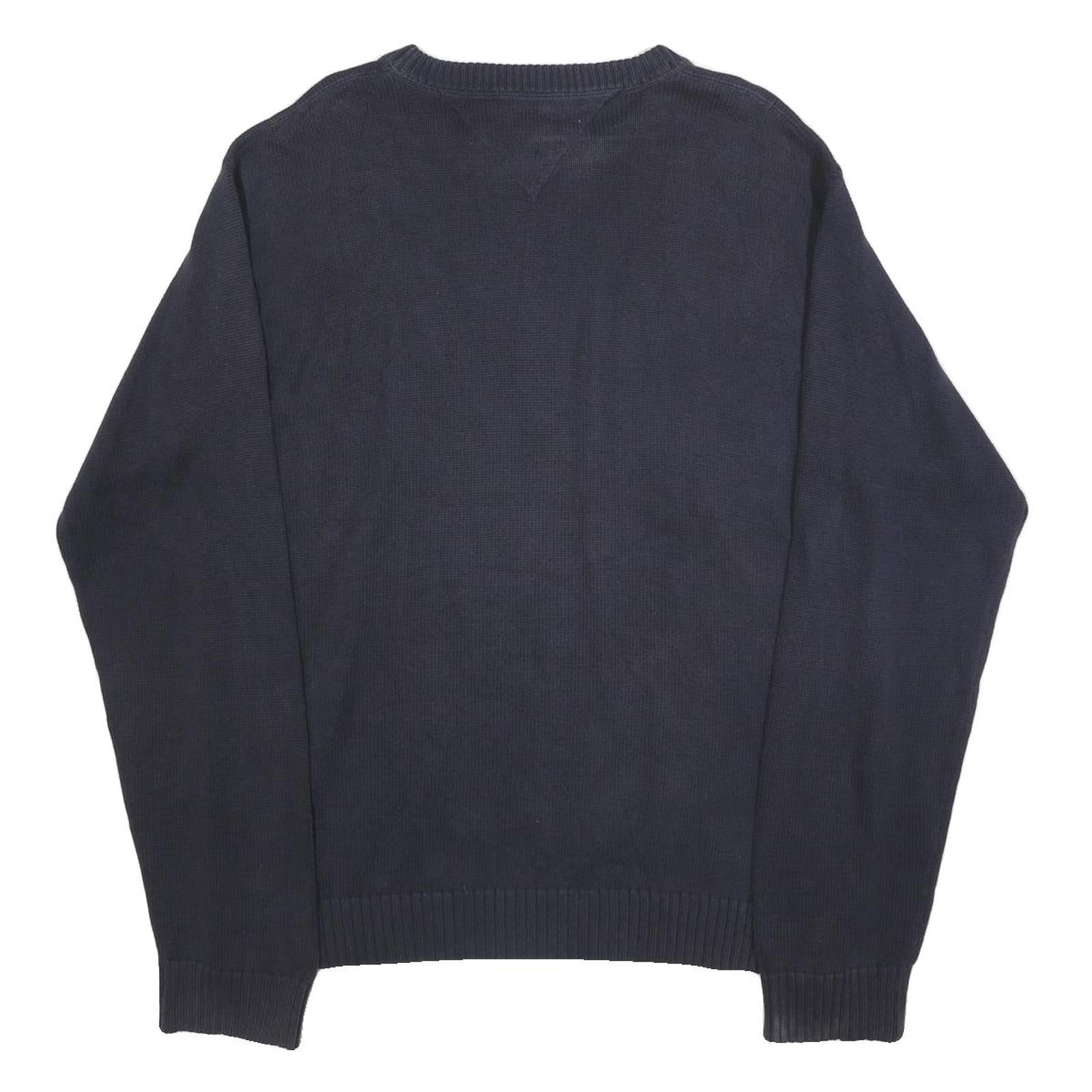TOMMY HILFIGER Mens Blue Plain Jumper Crew Neck Basic Knit L Cotton Casual