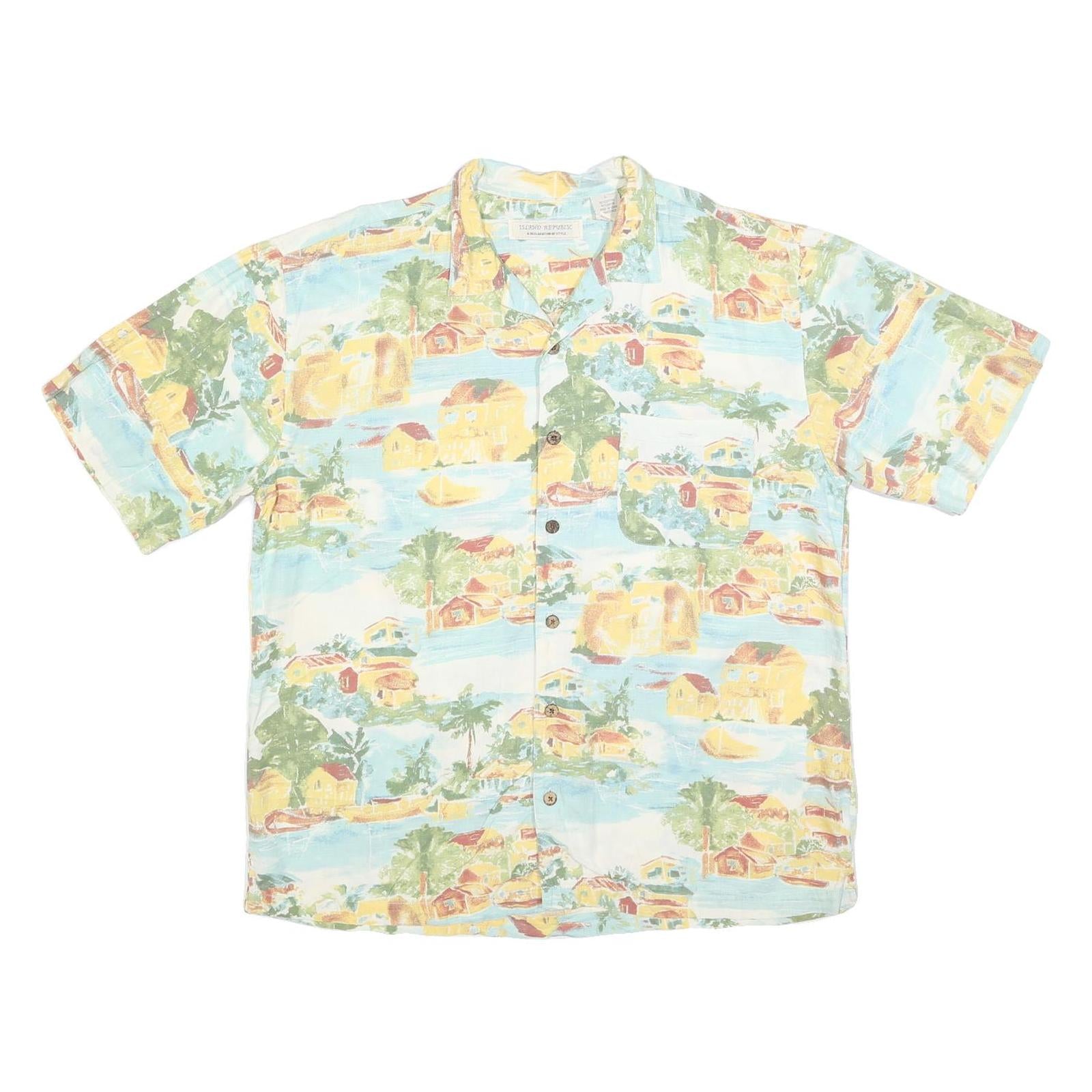 ISLAND REPUBLIC Mens Blue & Yellow Hawaiian Shirt L Cotton Blend Casual Vacation