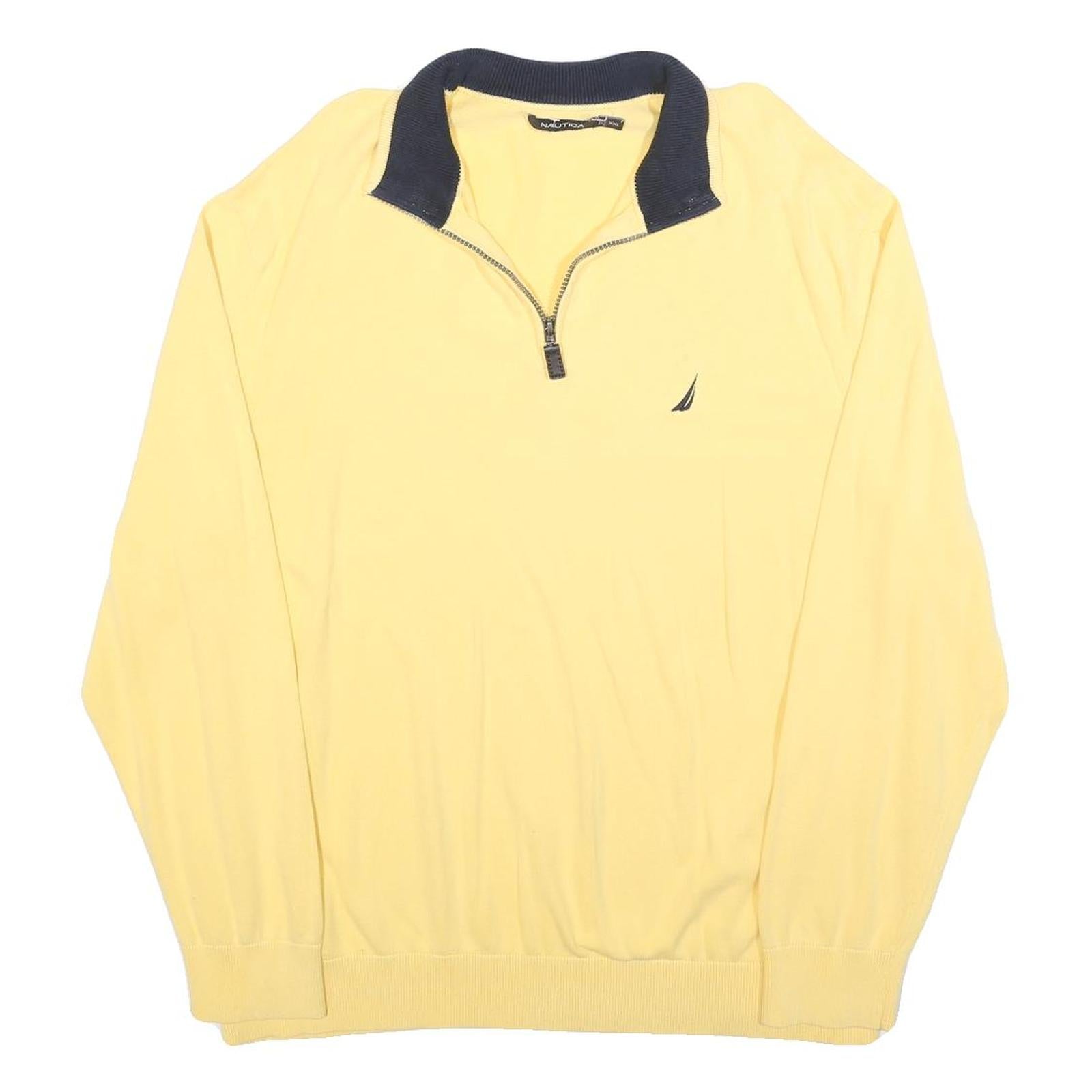 NAUTICA Mens Yellow & Navy Plain Pullover 1/4 Zip Cotton Jumper 2XL Casual