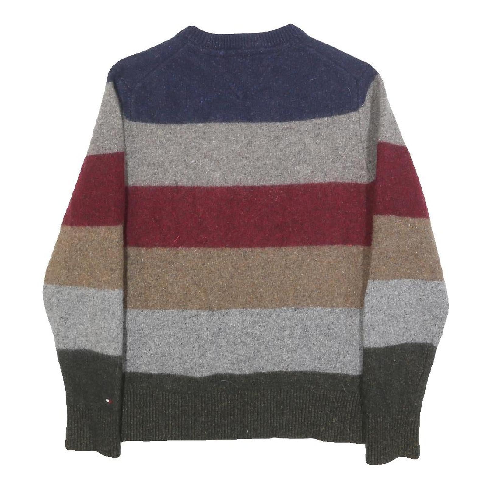 TOMMY HILFIGER Mens Blue & Grey & Maroon Striped Wool Blend Patterned Crew Neck