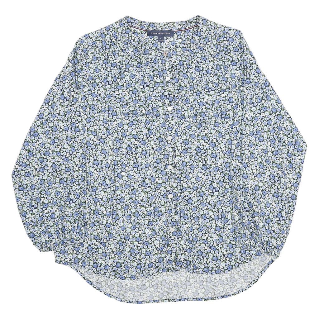 TOMMY HILFIGER Womens Blue & White Floral Blouse Long Sleeve Round Neck L Cotton
