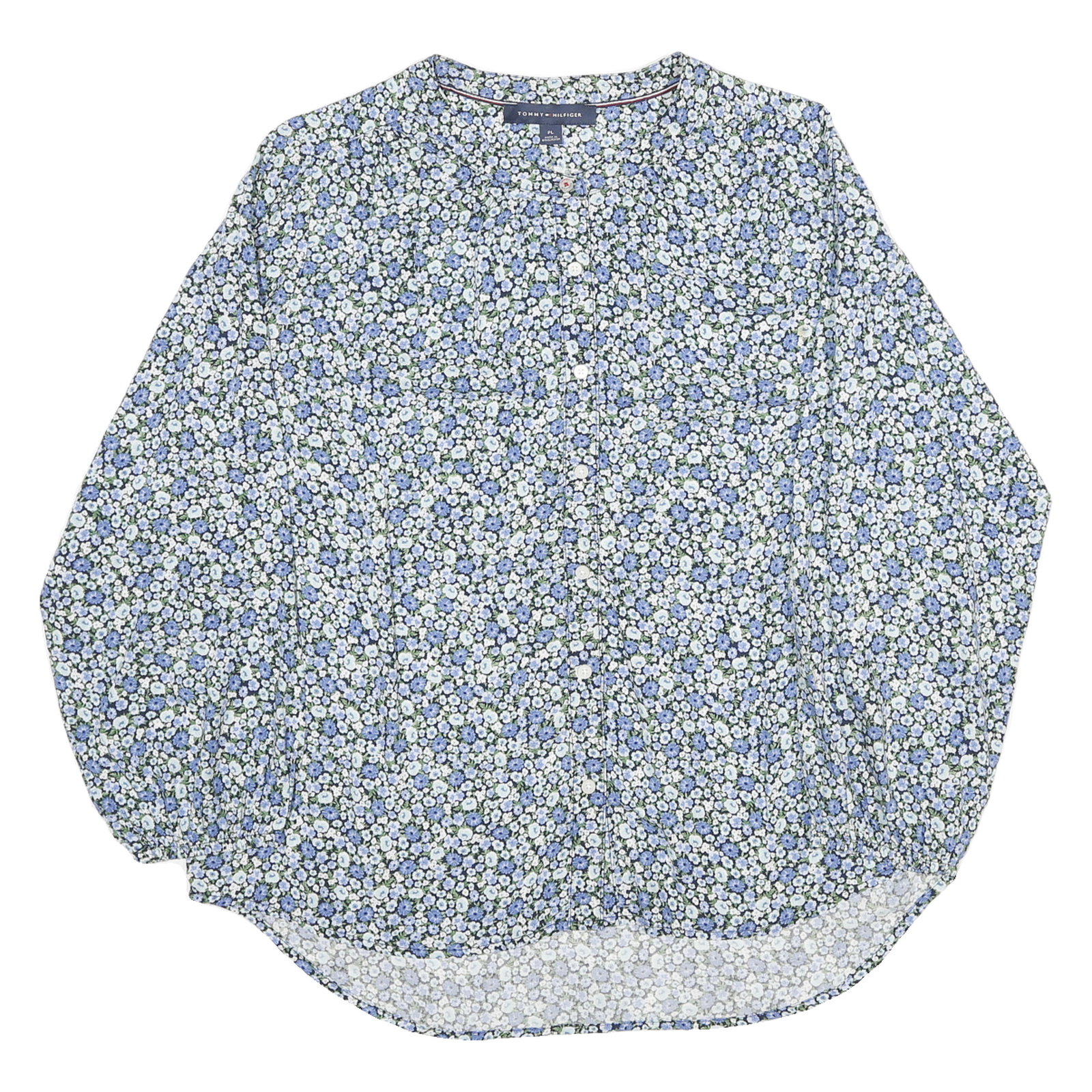 TOMMY HILFIGER Womens Blue & White Floral Blouse Long Sleeve Round Neck L Cotton