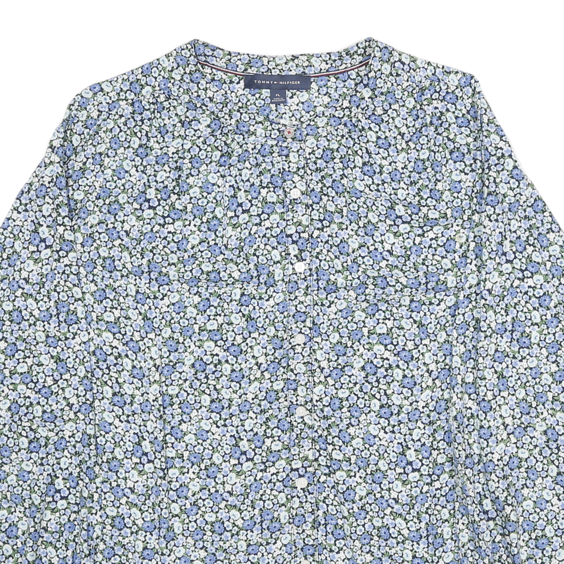 TOMMY HILFIGER Womens Blue & White Floral Blouse Long Sleeve Round Neck L Cotton