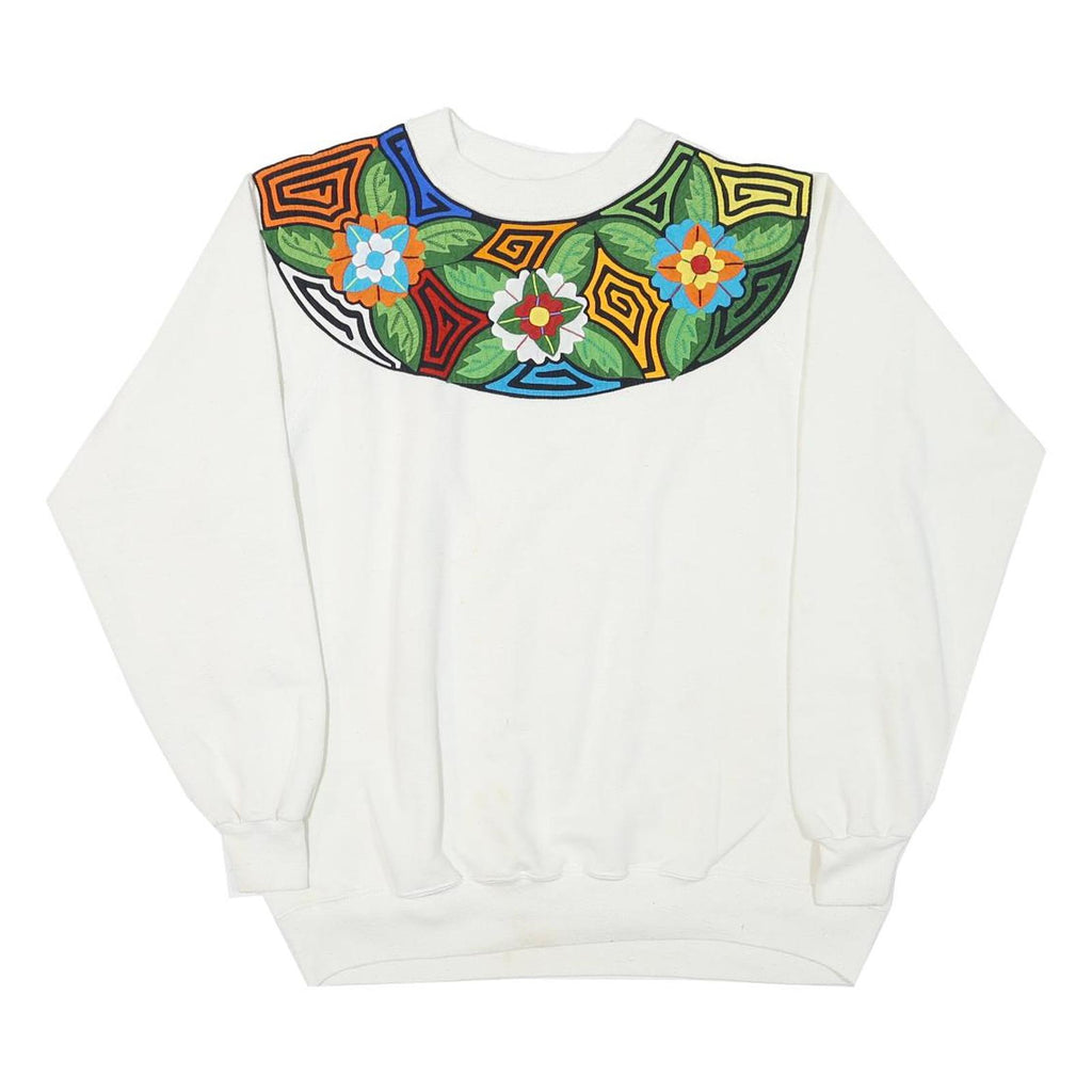 HANES Womens White Sweatshirt XL Pullover Cotton Blend Floral Colourful Print